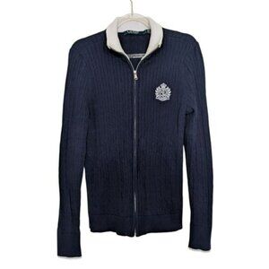 Lauren Ralph Lauren Ribbed Sweater Womens Size Medium Blue Embroidered  Full Zip